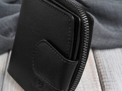 Czarny portfel damski skórzany średni zapinany na zatrzask i zamek błyskawiczny RFID - obrazek 8