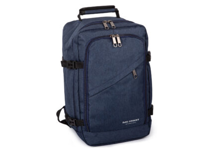 Średniej wielkości, granatowy plecak podróżny otwierany jak walizka 40x25x20 cm