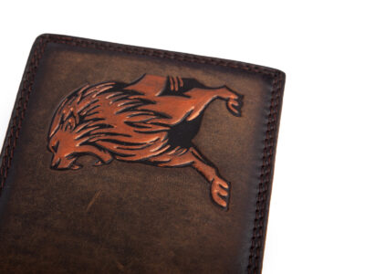 Poziomy, brązowy portfel męski z grubej skóry naturalnej vintage z lwem RFID - obrazek 2