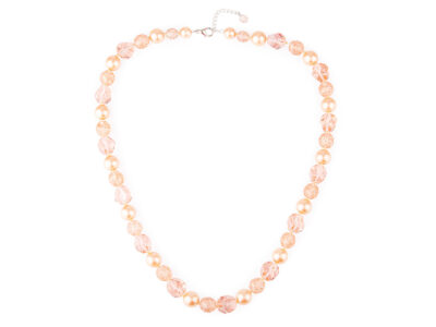 Preciosa Rosé Shine – kobiecy naszyjnik łososiowy z perłami, kryształami i kamykami crackle