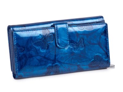 Duży portfel damski lakierowany w motylki, niebieski, skórzany z RFID - obrazek 6