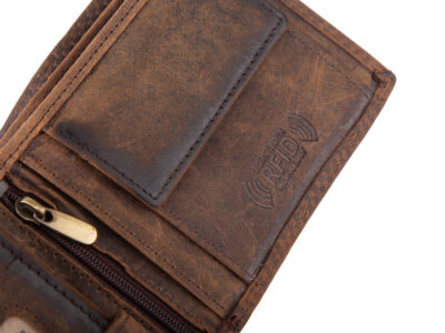 Poziomy, brązowy portfel męski z grubej skóry naturalnej vintage z lwem RFID - obrazek 5
