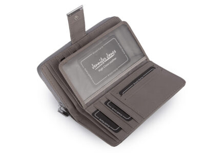 Pojemny skórzany damski portfel lakierowany z paskiem szary Jennifer Jones - obrazek 4