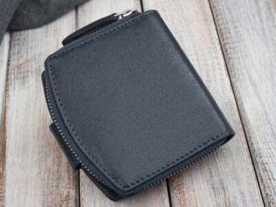 Granatowy portfel damski skórzany średni zapinany na zatrzask i zamek błyskawiczny RFID - obrazek 3