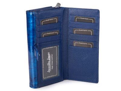 Duży portfel damski lakierowany w motylki, niebieski, skórzany z RFID - obrazek 4