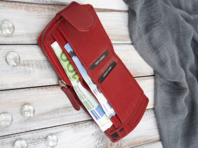 Czerwony portfel damski skórzany średni zapinany na zatrzask i zamek błyskawiczny RFID - obrazek 6