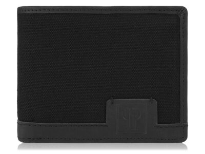 Wygodny, czarny portfel męski Paolo Peruzzi z mocnego materiału i skóry naturalnej