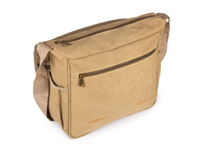 Duża beżowa torba męska na ramię A4 w stylu vintage z kieszenią na laptopa 16" - obrazek 6