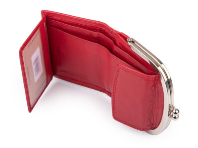 Czerwona, skórzana, portmonetka damska zapinana na klasyczny metalowy bigiel RFID - obrazek 5