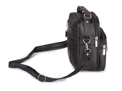 Mała, skórzana torebka męska z paskiem na ramię i rączką w kolorze czarnym - obrazek 3