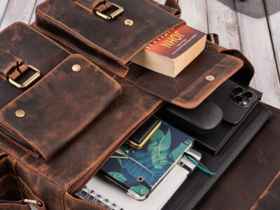 Duża brązowa torba męska na ramię ze skóry naturalnej w stylu vintage A4 z kieszenią na laptopa - obrazek 7