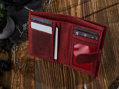 Średniej wielkości czerwony portfel damski z surowej skóry naturalnej w stylu vintage Paolo Peruzzi - obrazek 5