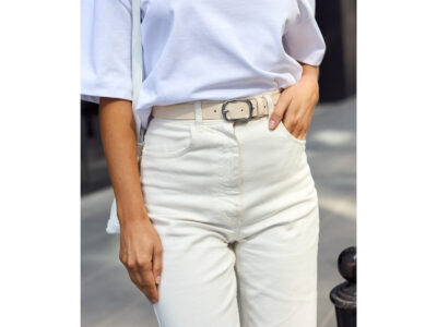 Elegancki, jasnobeżowy (ecru) pasek damski skórzany do spodni polskiej marki Beltimore 110 cm - obrazek 6