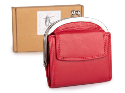 Czerwona, skórzana, portmonetka damska zapinana na klasyczny metalowy bigiel RFID
