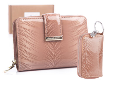 Zestaw prezentowy Etui na klucze beż listki + Portfel damski beż listki