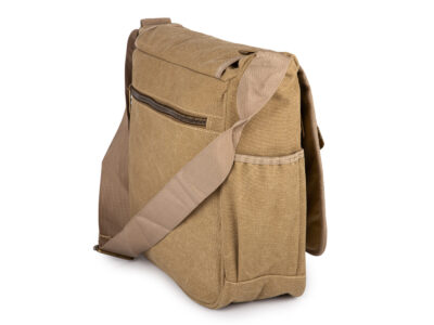 Duża beżowa torba męska na ramię A4 w stylu vintage z kieszenią na laptopa 16" - obrazek 3