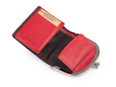 Czerwono-czarna, skórzana, portmonetka damska zapinana na klasyczny metalowy bigiel RFID - obrazek 3