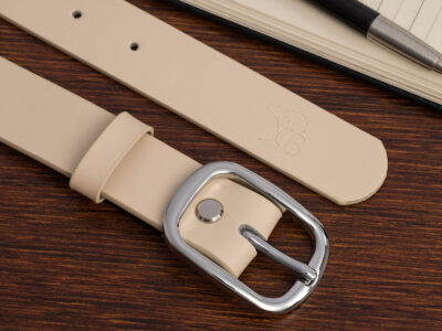 Elegancki, jasnobeżowy (ecru) pasek damski skórzany do spodni polskiej marki Beltimore 110 cm - obrazek 3