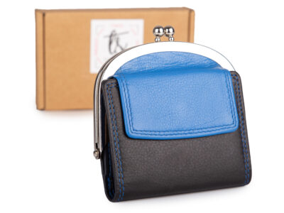 Czarno-niebieska, skórzana, portmonetka damska zapinana na klasyczny metalowy bigiel RFID