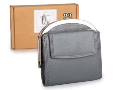 Szara, skórzana, portmonetka damska zapinana na klasyczny metalowy bigiel RFID