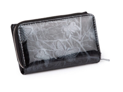Duży czarny portfel damski w motylki z metalową "falą" z przodu RFID na zamek - obrazek 2