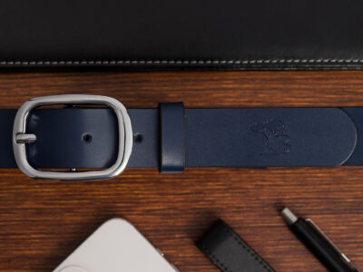 Elegancki, granatowy pasek damski skórzany do spodni polskiej marki Beltimore 110 cm - obrazek 3