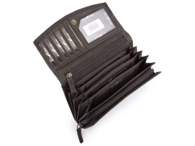 Poziomy portfel damski czarny z zamszowej skóry naturalnej z tłoczeniem w kwiaty - obrazek 3