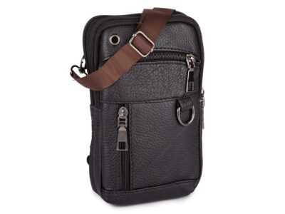 Mała skórzana saszetka na szyję czarna na dokumenty 2-komorowa