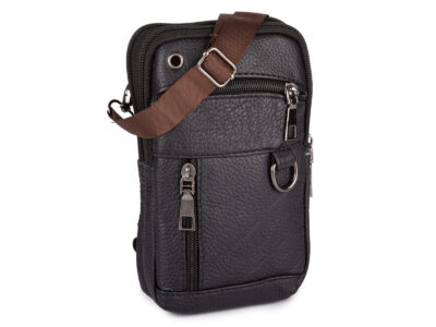 Mała skórzana saszetka na szyję czarna na dokumenty 2-komorowa