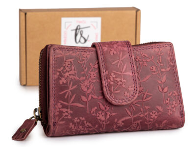 Ręcznie szyty portfel damski w kwiaty vintage skórzany bordowy RFID