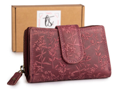 Ręcznie szyty portfel damski w kwiaty vintage skórzany bordowy RFID