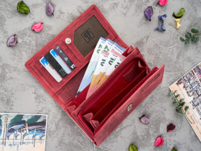 Portfel damski skórzany w stylu vintage pojemny czerwony RFID Paolo Peruzzi - obrazek 7