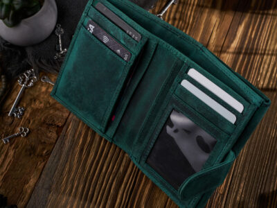 Średniej wielkości zielony portfel damski z surowej skóry naturalnej w stylu vintage Paolo Peruzzi - obrazek 5