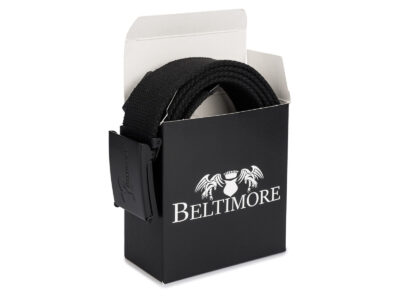 Materiałowy pasek męski do spodni w kolorze czarnym z czarną, metalową klamrą 130 cm - obrazek 10