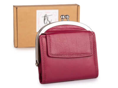 Bordowa, skórzana, portmonetka damska zapinana na klasyczny metalowy bigiel RFID