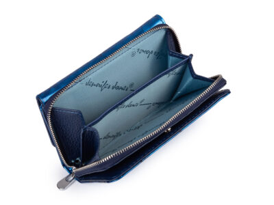 Duży niebieski portfel damski w motylki z metalową "falą" z przodu RFID na zamek - obrazek 6