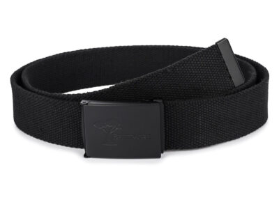 Materiałowy pasek męski do spodni w kolorze czarnym z czarną, metalową klamrą 130 cm - obrazek 2