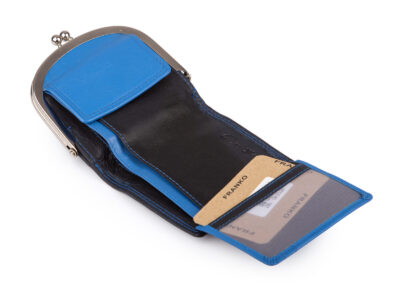 Czarno-niebieska, skórzana, portmonetka damska zapinana na klasyczny metalowy bigiel RFID - obrazek 4