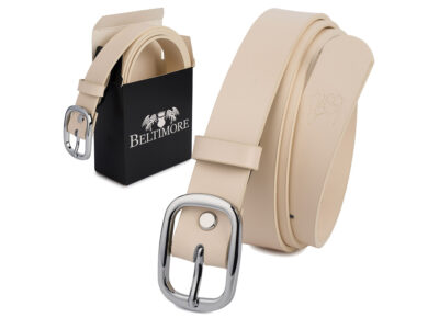 Elegancki, jasnobeżowy (ecru) pasek damski skórzany do spodni polskiej marki Beltimore 120 cm