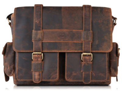 Duża brązowa torba męska na ramię ze skóry naturalnej w stylu vintage A4 z kieszenią na laptopa