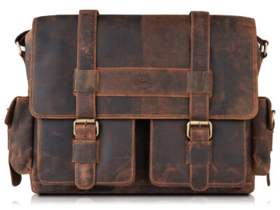 Duża brązowa torba męska na ramię ze skóry naturalnej w stylu vintage A4 z kieszenią na laptopa