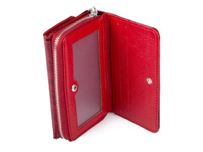 Duży czerwony portfel damski w motylki z metalową "falą" z przodu RFID na zamek - obrazek 5