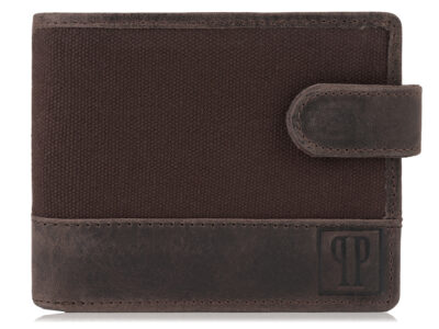 Poręczny, ciemnobrązowy portfel męski ze skóry naturalnej i mocnego canvasu Paolo Peruzzi