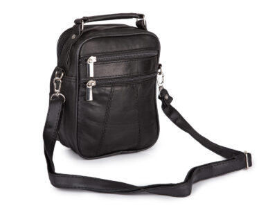 Mała, skórzana torebka męska z paskiem na ramię i rączką w kolorze czarnym - obrazek 2