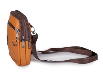 Mała skórzana saszetka na szyję jasnobrązowa na dokumenty 2-komorowa - obrazek 3