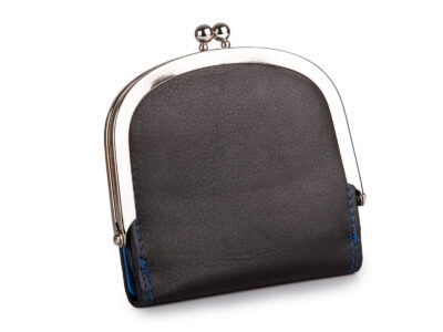 Czarno-niebieska, skórzana, portmonetka damska zapinana na klasyczny metalowy bigiel RFID - obrazek 2