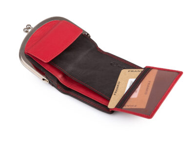 Czerwono-czarna, skórzana, portmonetka damska zapinana na klasyczny metalowy bigiel RFID - obrazek 4