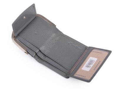 Szara, skórzana, portmonetka damska zapinana na klasyczny metalowy bigiel RFID - obrazek 4