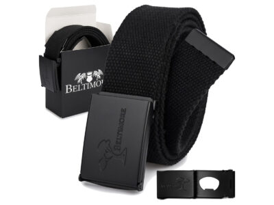 Materiałowy pasek męski do spodni w kolorze czarnym z czarną, metalową klamrą 130 cm - obrazek 1