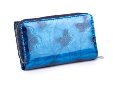 Duży niebieski portfel damski w motylki z metalową "falą" z przodu RFID na zamek - obrazek 2